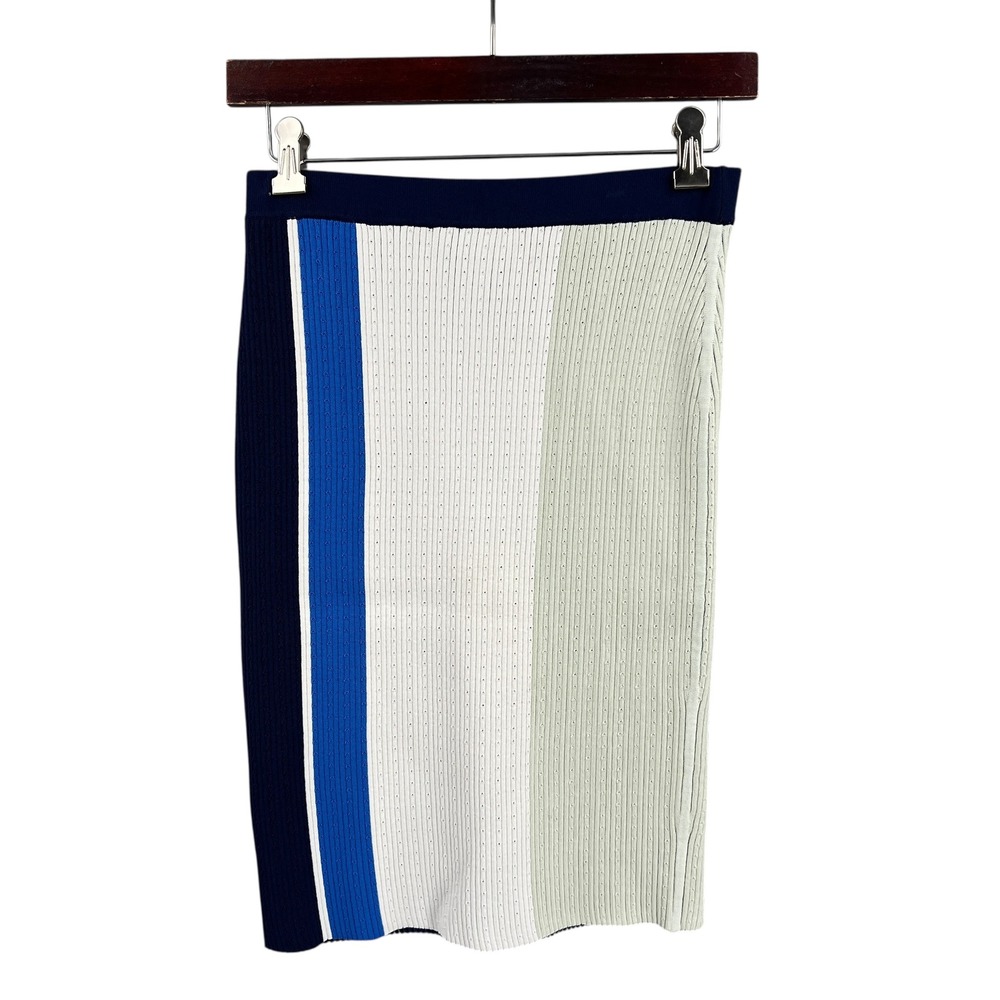 PH5 Colorblock Knit Pencil Skirt Blue Cream Textured Stretch Pull-On Small‎